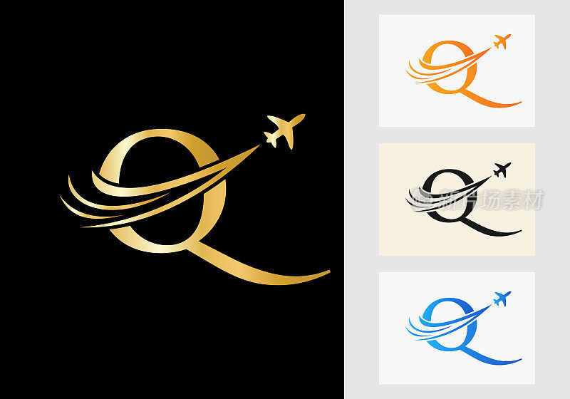 字母Q旅行标志概念与飞行的飞机符号