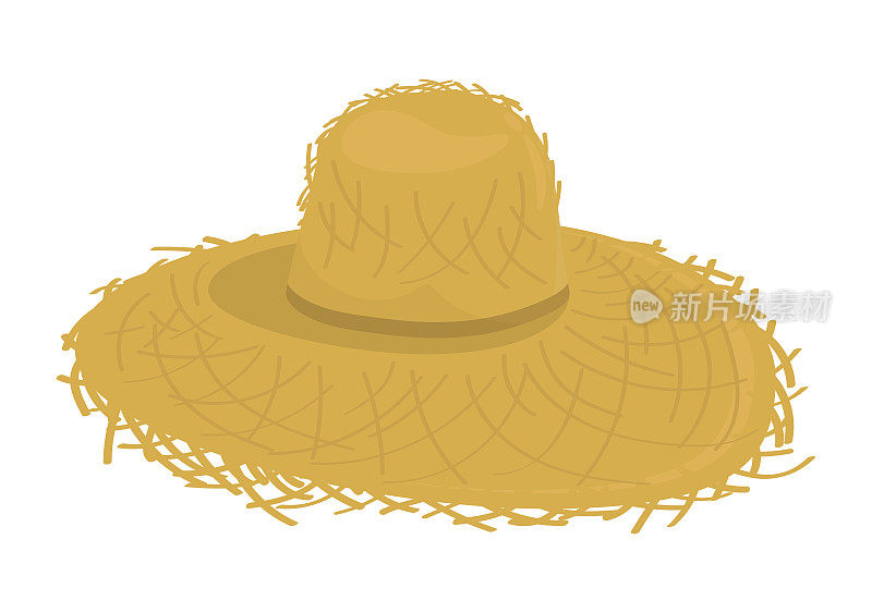 农村农民的旧宽檐草帽。村民用稻草做的古董衣服和头饰。卡通矢量孤立在白色背景上