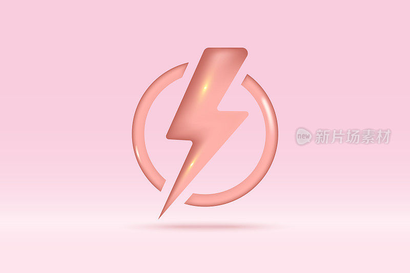 3d霹雳闪电闪电符号孤立的粉红色背景。现实的伏特，危险，闪电标志三维矢量渲染插图。