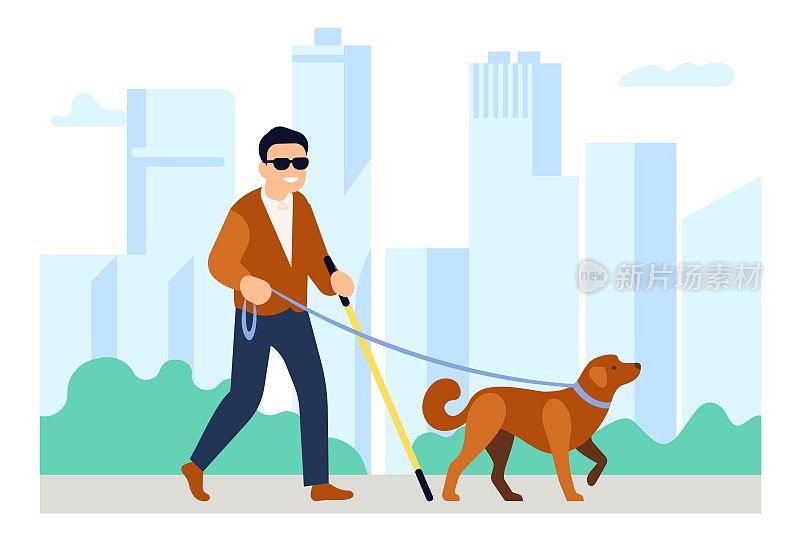 盲人带着导盲犬在公园散步。残疾人在户外散步。宠物领导残疾男性。视觉残疾。训练有素的动物伴侣。无效的援助。向量的概念