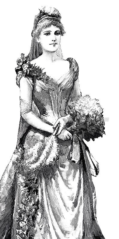 年轻貌美的女子穿着长袍，手持鲜花，望向侧面，正面观，白色背景