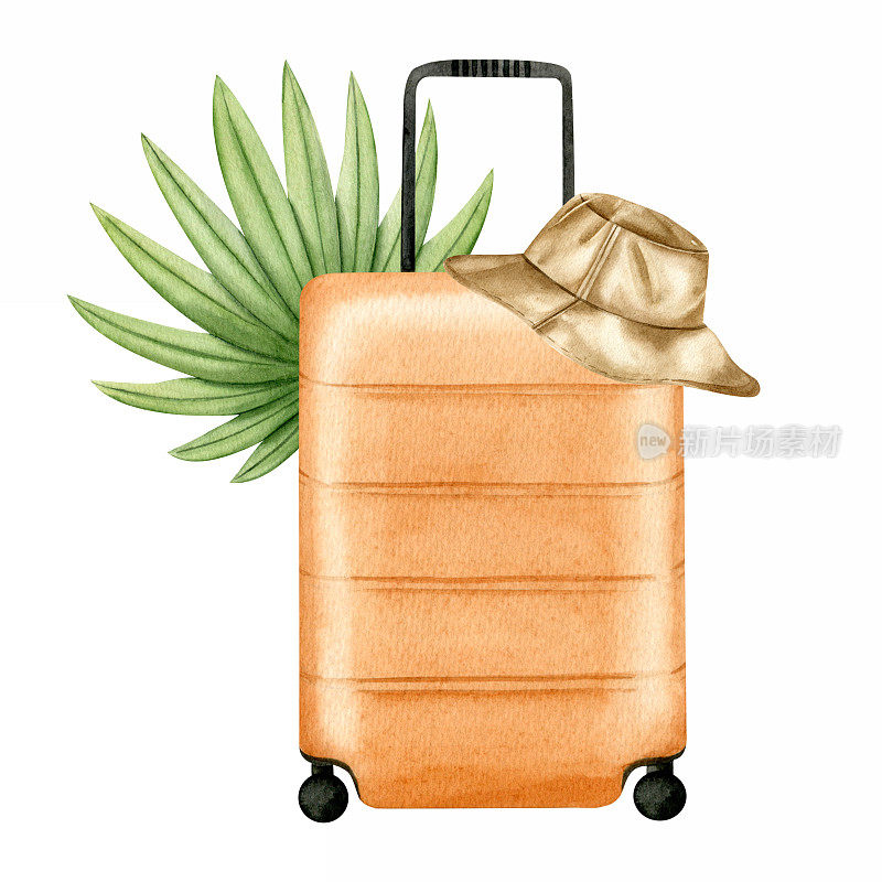 旅行橙色行李箱，海滩棕色巴拿马帽，热带棕榈叶。旅游业。暑假。水彩插图。孤立在白色背景上。用于旅游业务、广告、明信片