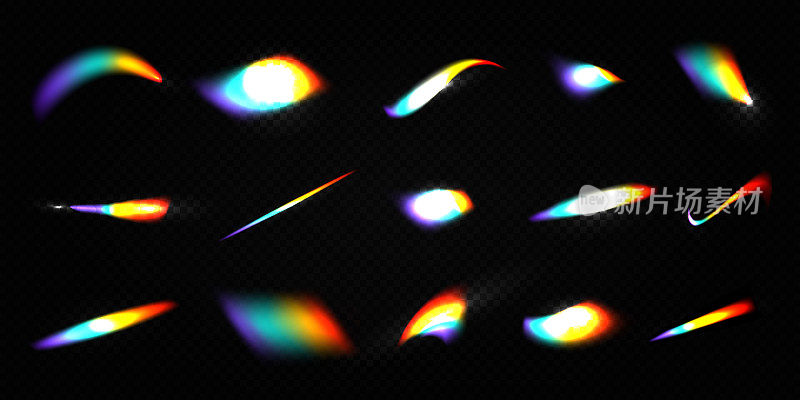水晶彩虹光泄漏耀斑反射效果矢量插图集。