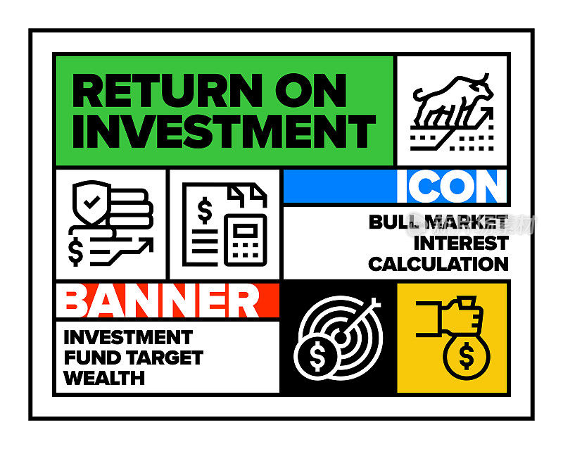 投资回报线图标集和横幅设计