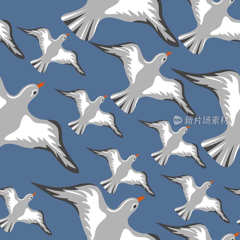 无缝模式与手绘飞行海鸥。海鸟。海洋和海洋生物的概念