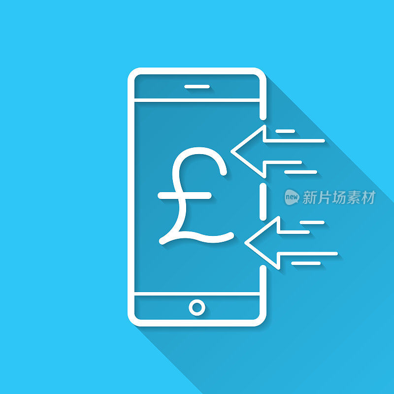 用智能手机接收英镑。图标在蓝色背景-平面设计与长阴影