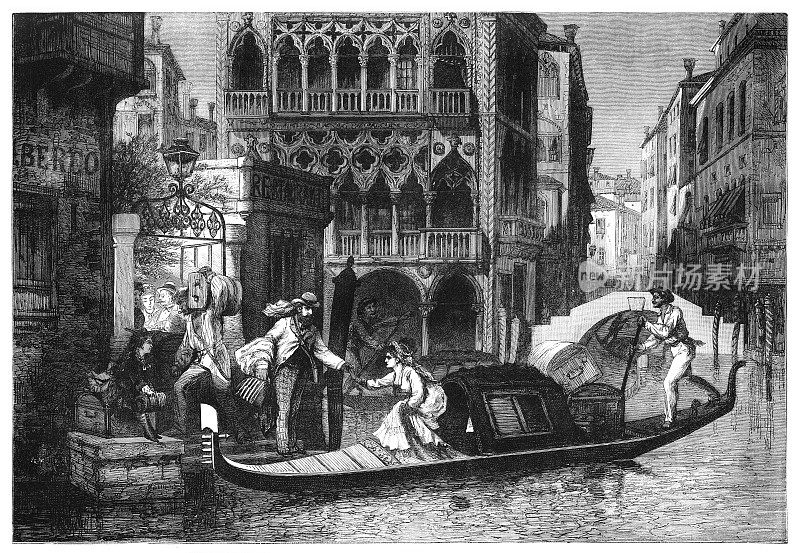 1874年，游客乘坐贡多拉抵达意大利威尼斯的酒店