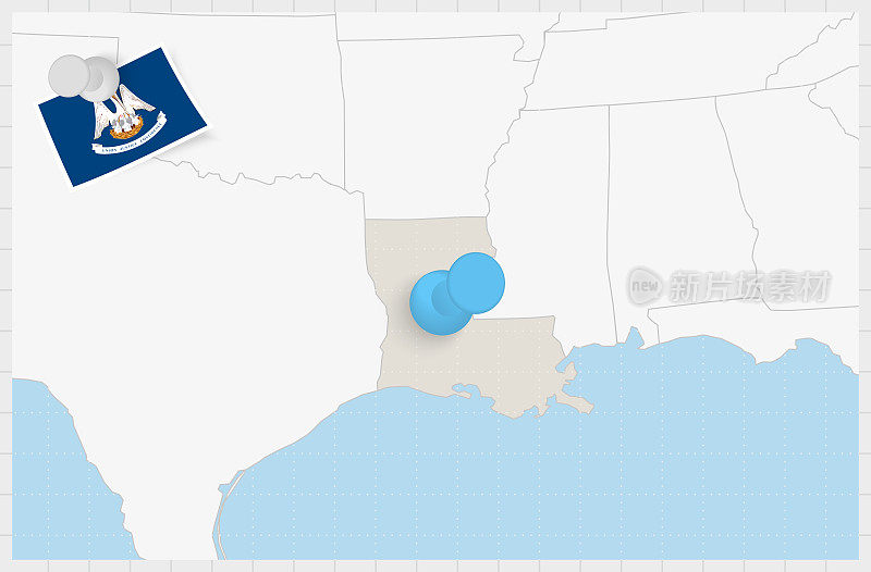 路易斯安那州的地图，上面有蓝色的别针。路易斯安那州的别针旗。