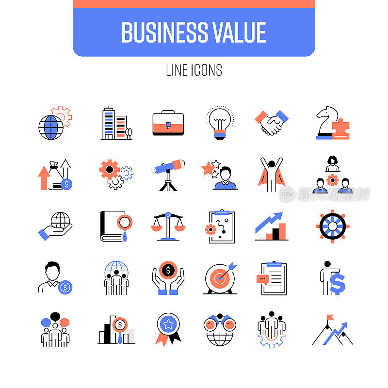 业务价值线图标集。团队合作，合同，战略，财务，领导力