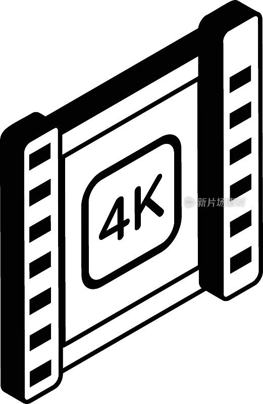 4k镜头等距概念，FHD或UHD视频矢量轮廓图标设计，电影制作符号，视频制作设备标志，流媒体和电影制作人股票插图