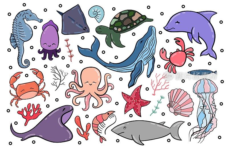 手绘海洋生物元素。矢量涂鸦卡通集的海洋生物对象为您的设计。