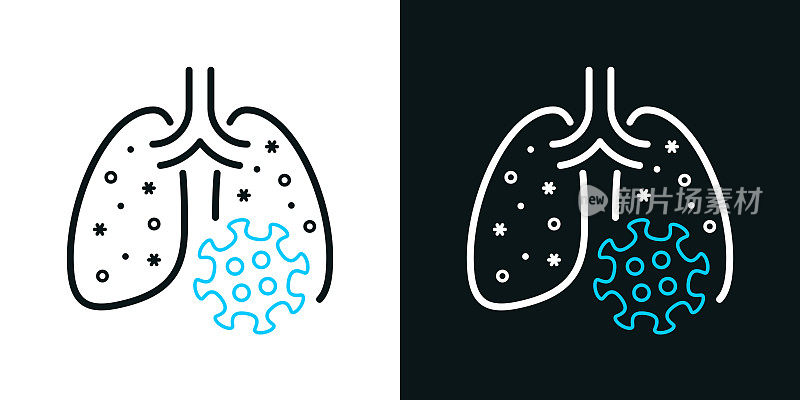 肺部感染冠状病毒。黑色或白色背景上的双色线条图标-可编辑笔触