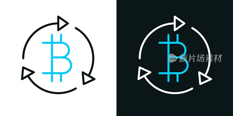 比特币重新加载。黑色或白色背景上的双色线条图标-可编辑笔触