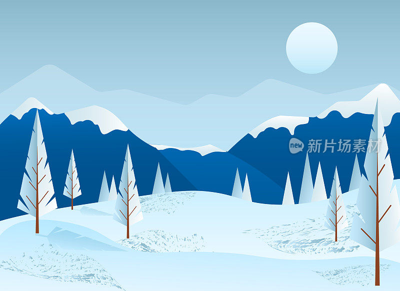 冬天的风景。群山环绕着树木和白雪覆盖的草地。平面矢量插图。