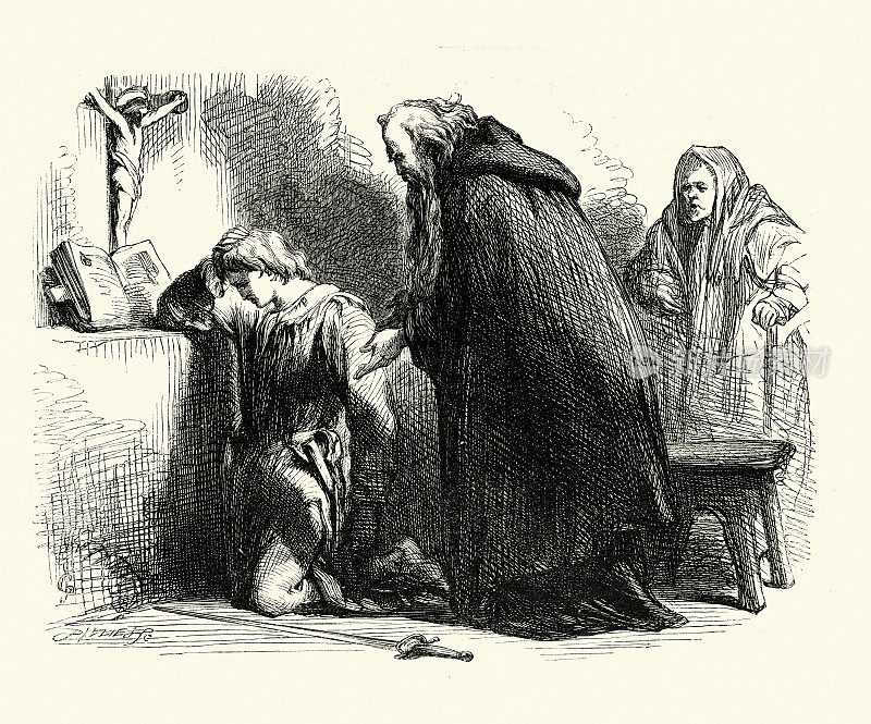劳伦斯修士和罗密欧，威廉·莎士比亚的《罗密欧与朱丽叶》场景，由约翰·吉尔伯特绘制，19世纪维多利亚时代