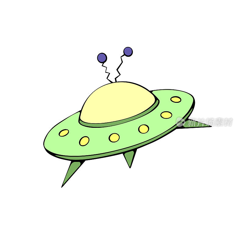 飞碟，宇宙飞船图标在素描卡通风格。色彩设计元素以UFO、太空、外星人为主题。手绘涂鸦矢量插图。
