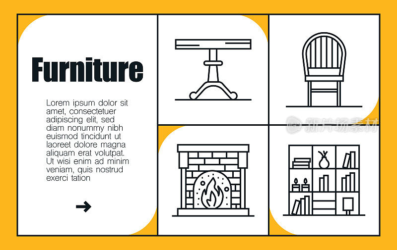 家具线图标集和横幅设计。沙发，椅子，床，书桌，衣柜