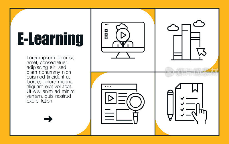 电子学习线图标集和横幅设计