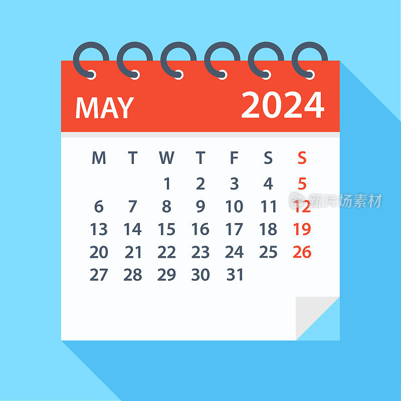 2024年5月――日历。一周从周一开始