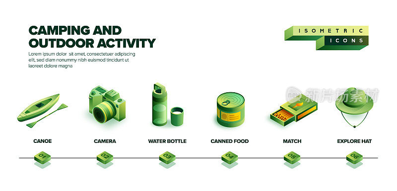 露营和户外活动的矢量插图等距图标和三维横幅设计。采购产品露营，大篷车，露营帐篷，徒步旅行，冒险，旅行，户外，森林，树，山，野餐，自然。