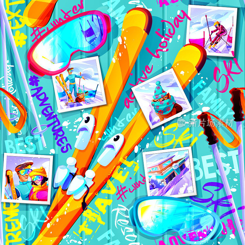 速度滑雪和寒假的卡通风格概念。即时打印照片，一对年轻夫妇的滑雪者与牛头犬与滑雪板和护目镜在一个抽象的彩色背景与创造性的字母。无缝时尚的创意背景。
