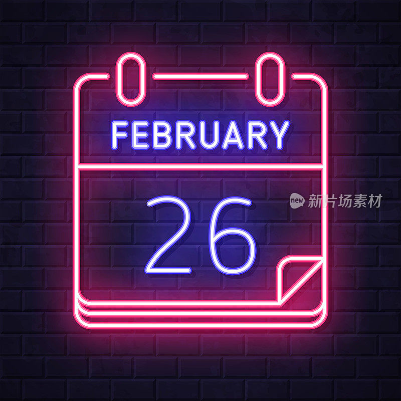 2月26日。在砖墙背景上发光的霓虹灯图标