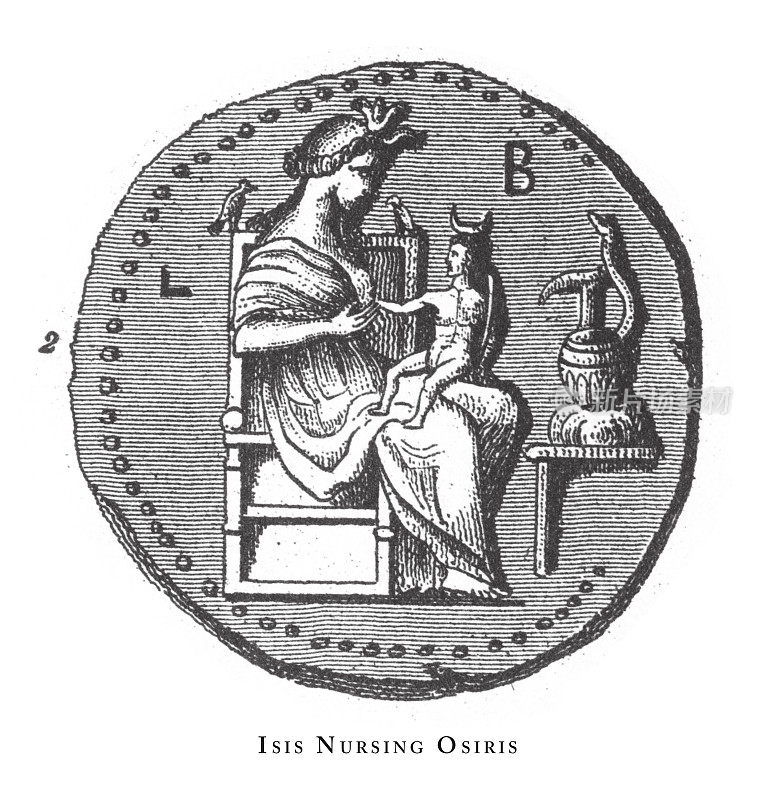 伊希斯护理奥西里斯:神秘的游行:埃及宗教符号和Tableaux雕刻古董插图，出版1851