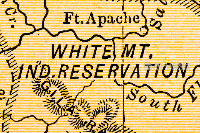 美国城市的名字，在古董地图上的特写:白山印第安人保留地，亚利桑那州