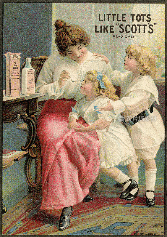 司各特乳剂用母亲和儿童的彩色写真