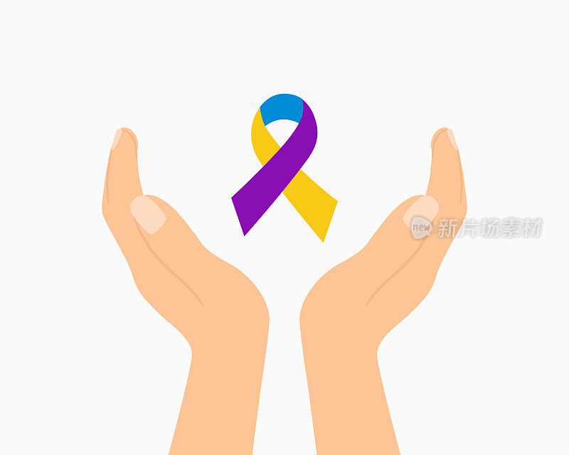 膀胱癌意识之手彩带。万寿菊，蓝色和紫色缎带。膀胱癌关注月