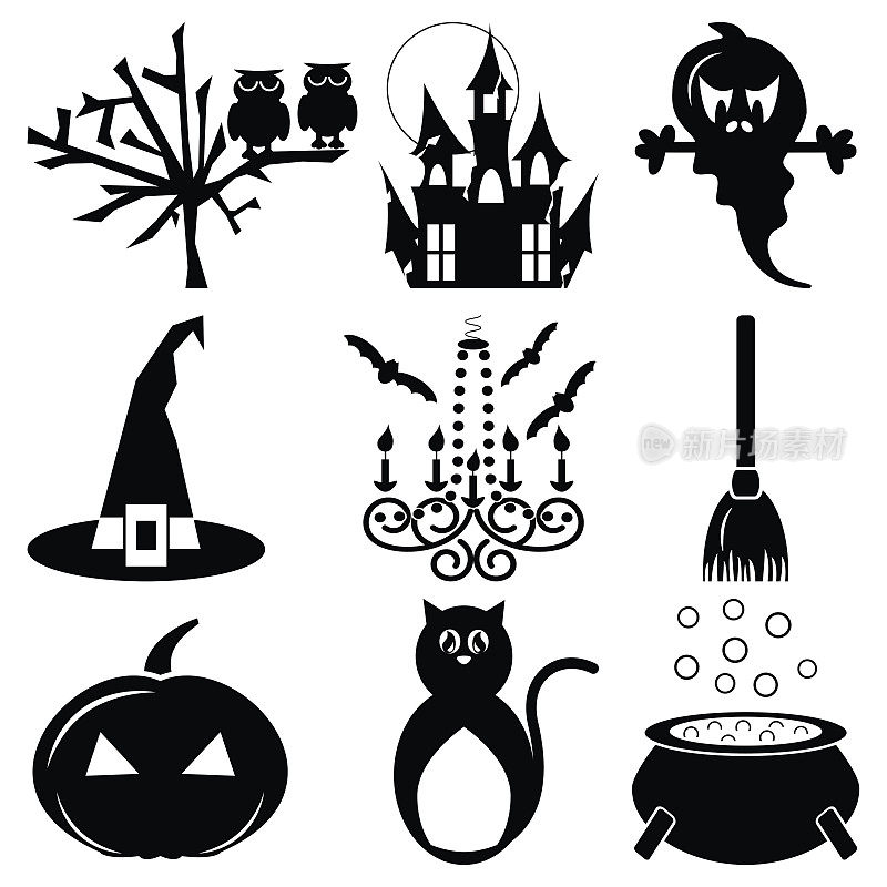万圣节图标收藏:猫头鹰，闹鬼的城堡，幽灵，南瓜，扫帚