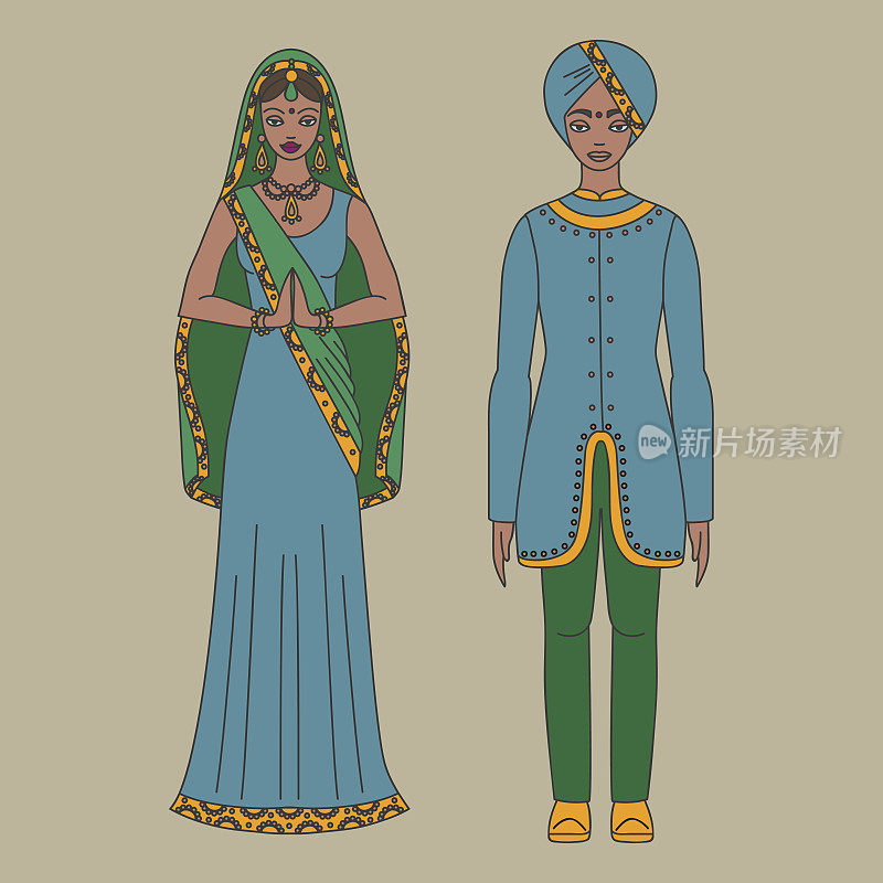 穿着印度传统服饰的南亚美女和男子，