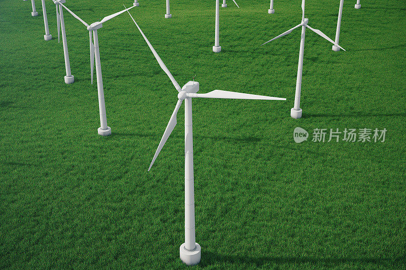 三维插图，涡轮机在田间，绿色，风力涡轮机，发电，生态动力。来自太阳的环保能源。未来的概念能源。