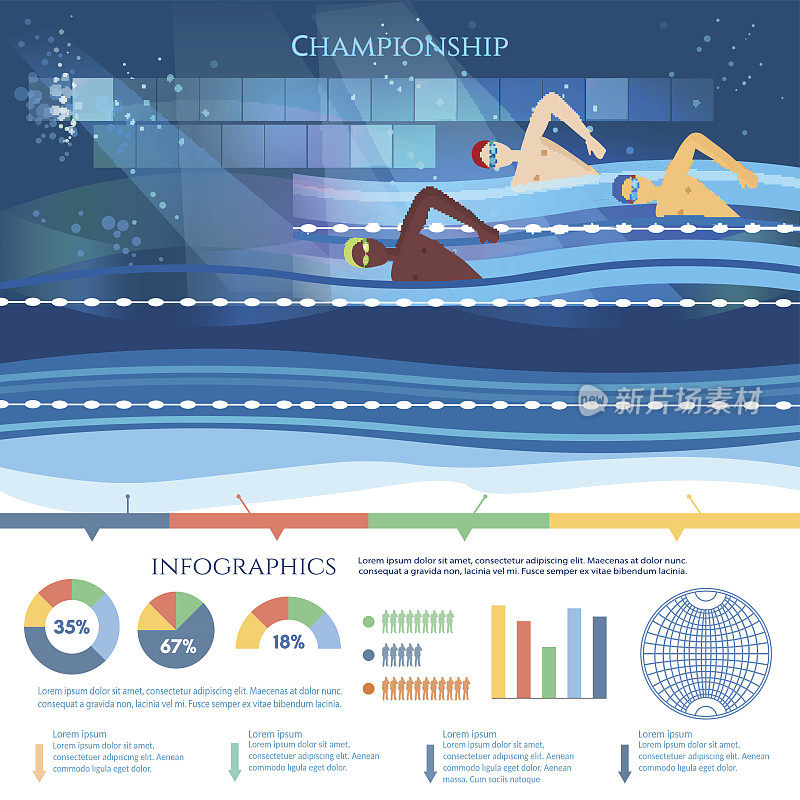 游泳比赛信息图表专业水上运动。不同国家的游泳运动员在国际游泳比赛信息图运动矢量模板