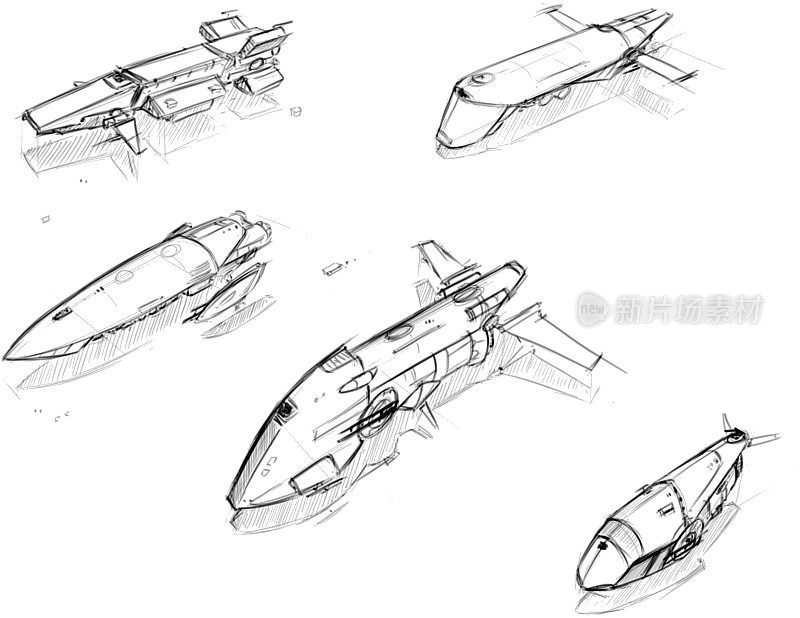科幻宇宙飞船的矢量手绘铅笔素描集