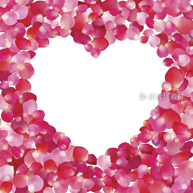 白色的心被粉红色的玫瑰花瓣包围着