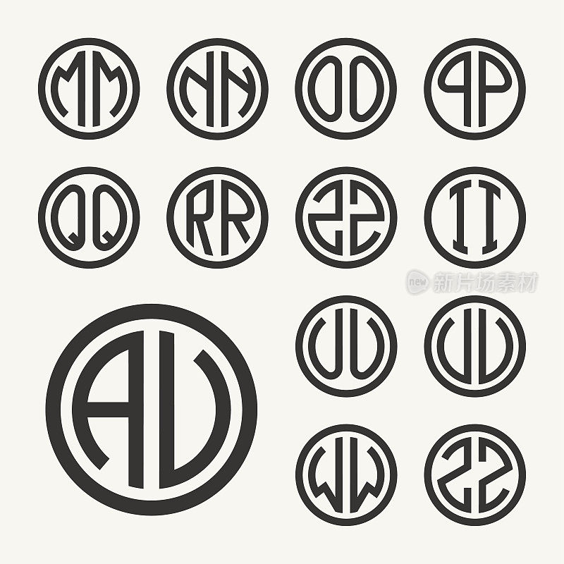 组2模板由两个大写字母题写在一个圆圈内。从同样粗细的宽线。创建商标，标志，字母组合。的艺术风格。