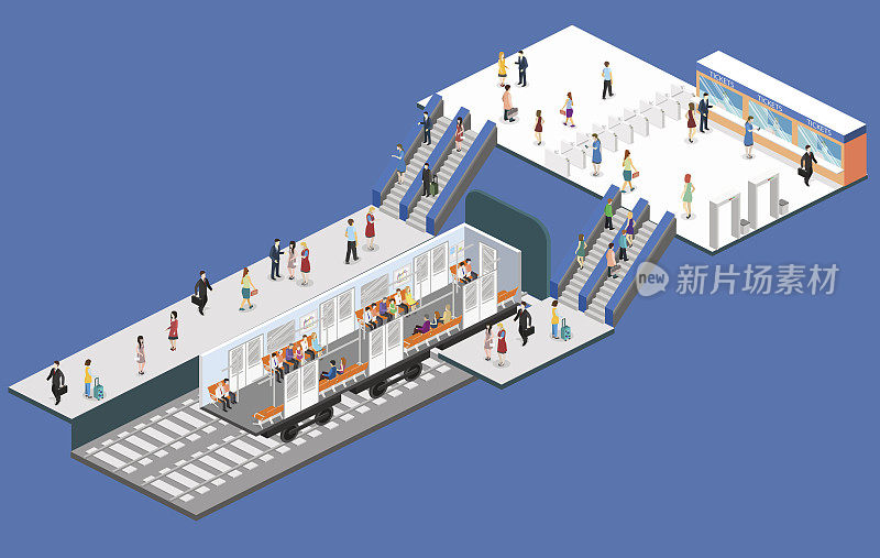 等距平面3D概念地铁地铁车厢。地铁车站