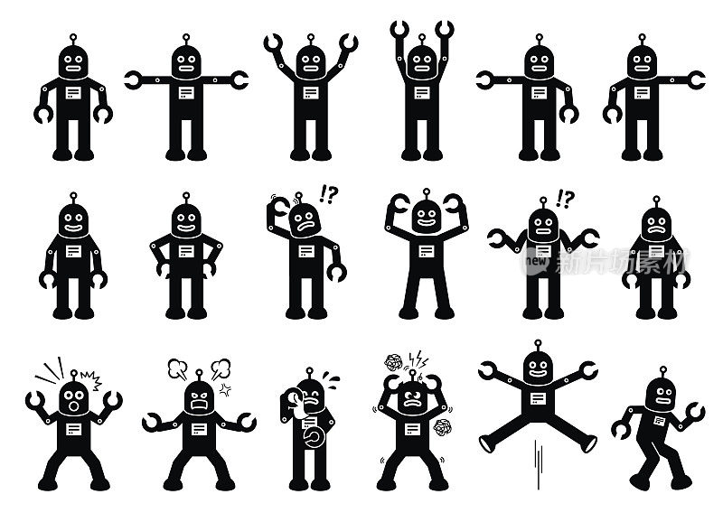 机器人卡通人物在各种姿势，动作和情感。