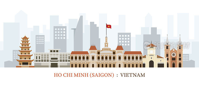 西贡或胡志明市，越南地标天际线