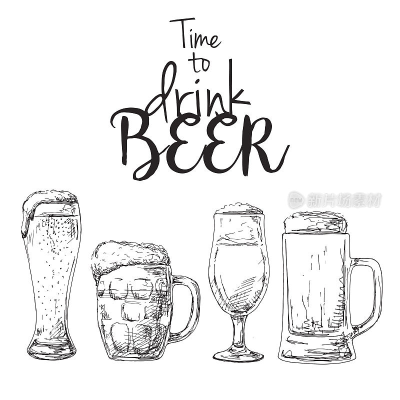 背景与啤酒。描述:喝啤酒的时间到了。放在你的文本上。矢量插图的草图风格。