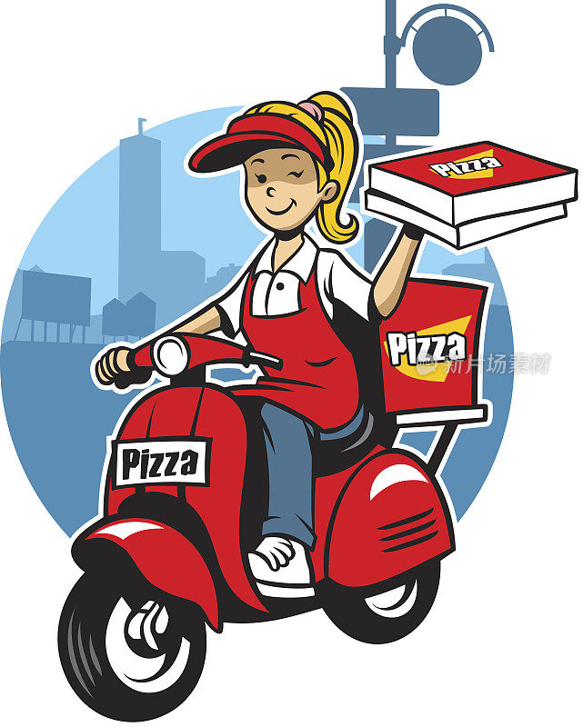 女孩骑着踏板车送披萨
