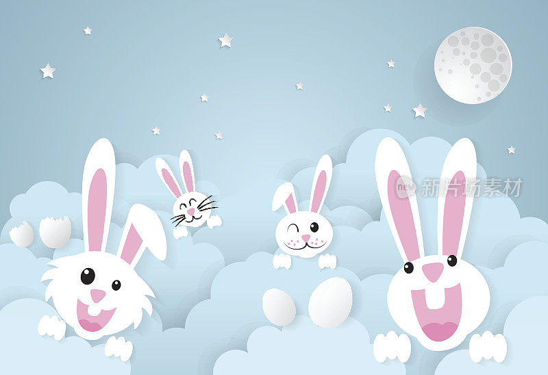 复活节，兔子伴着云和天空。纸艺术风格。