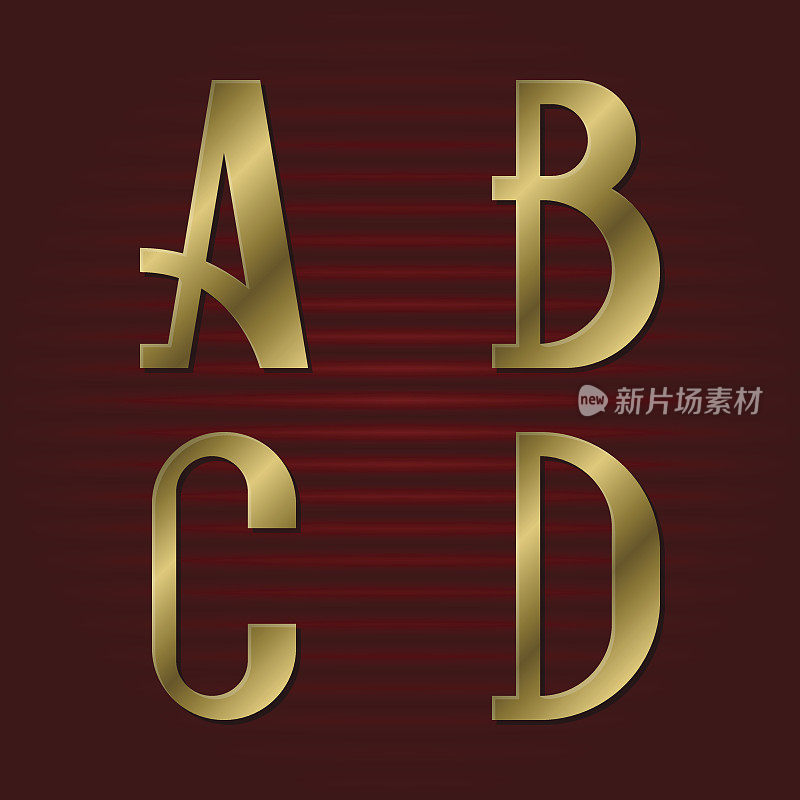 像样的金色字体。A、B、C、D孤立的金色字母。
