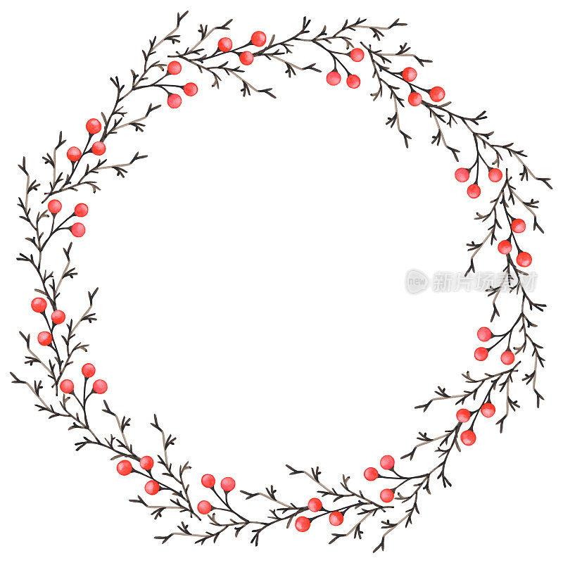 水彩冬天花环与树枝和红浆果