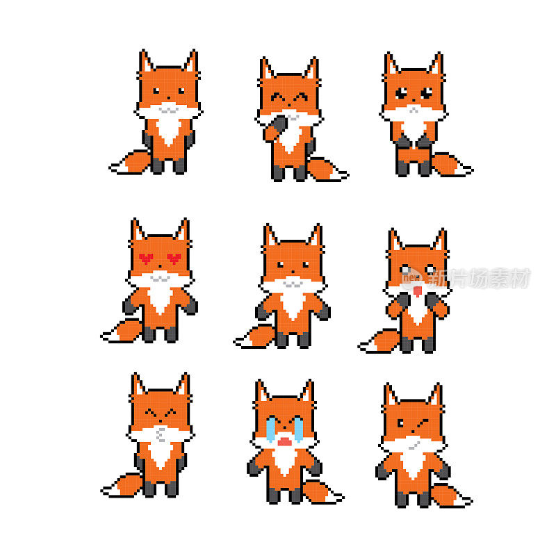 狐狸表情符号集合。像素艺术。老式的电脑图形风格。游戏元素