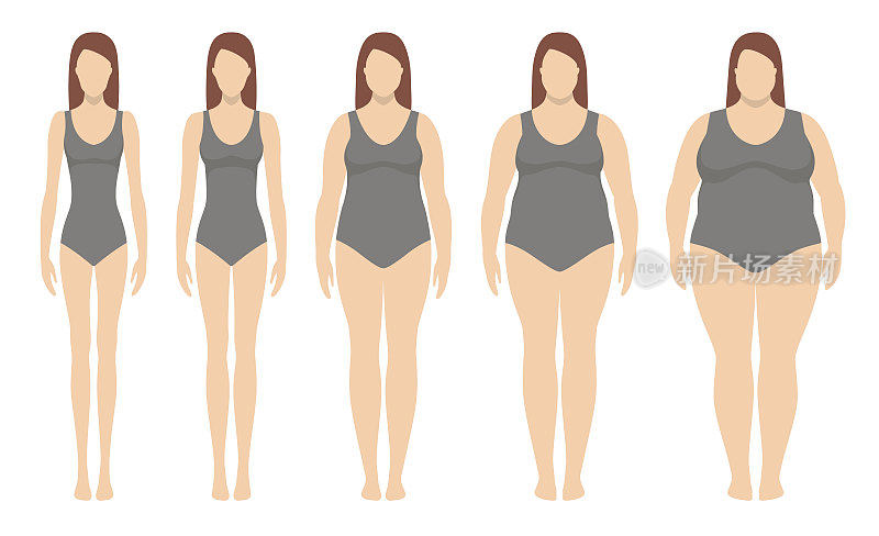 体重指数向量图解从体重不足到极度肥胖。不同肥胖程度的女性剪影。