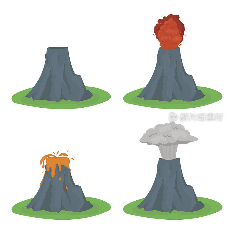 卡通彩色火山喷发集。向量