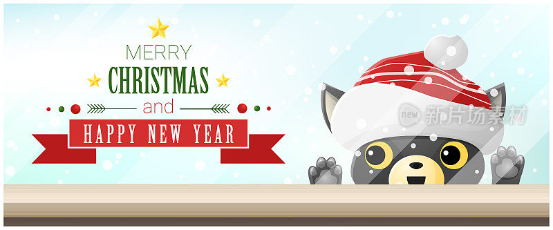 圣诞快乐和新年快乐的背景猫看空桌面，矢量，插图