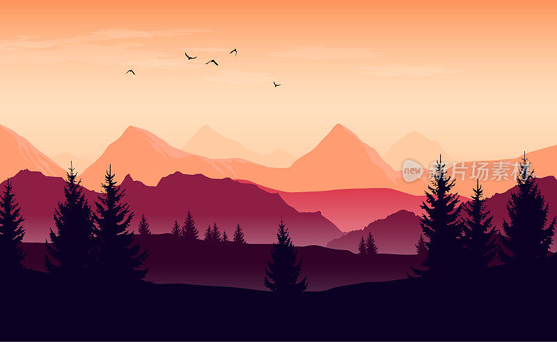 景观与橙色和紫色的轮廓的山，丘陵和森林